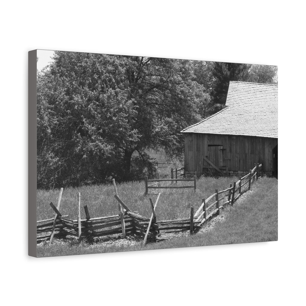 Rustic Barn — Black & White Matte Canvas Print — Country Landscape Photography Wall Art