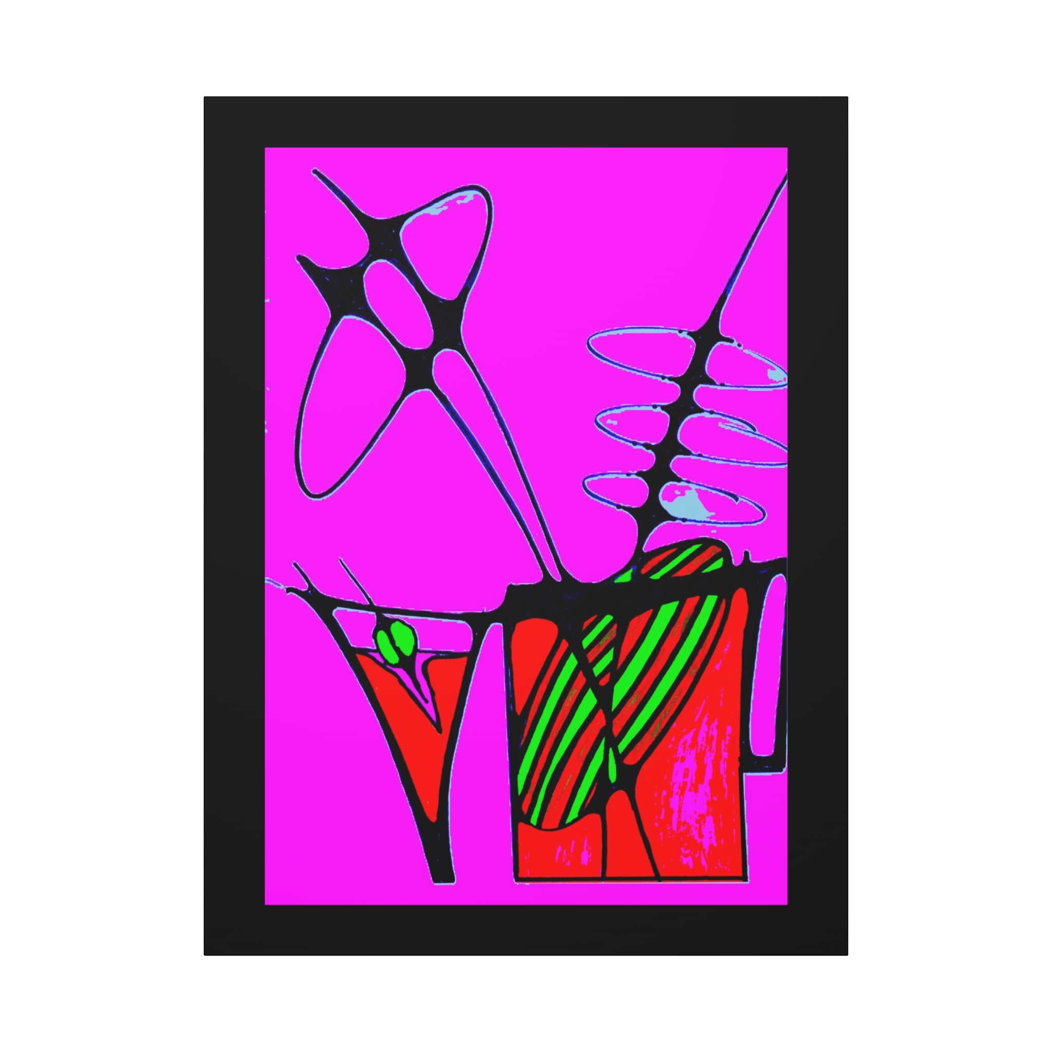 Abstract cocktails 2 framed canvas print — neon magenta pop art martini and highball glasses, bold black line art, bar wall art