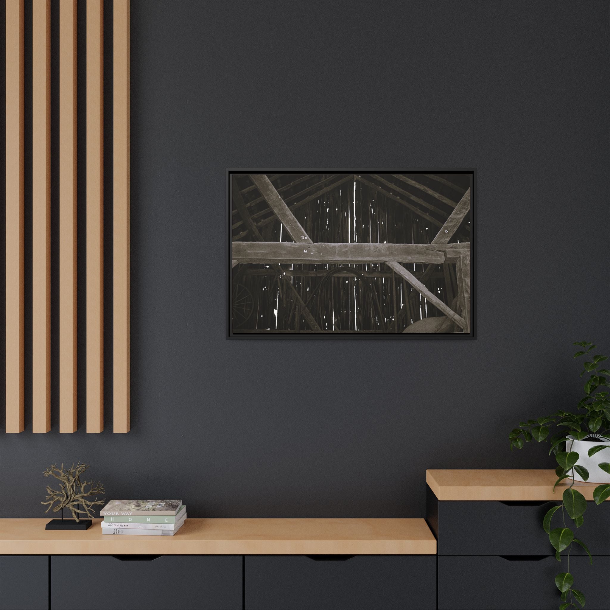 Rustic barn interior framed canvas print — moody looking-up view of weathered wooden beams and rafters with pinpoints of light, farmhouse photography wall art