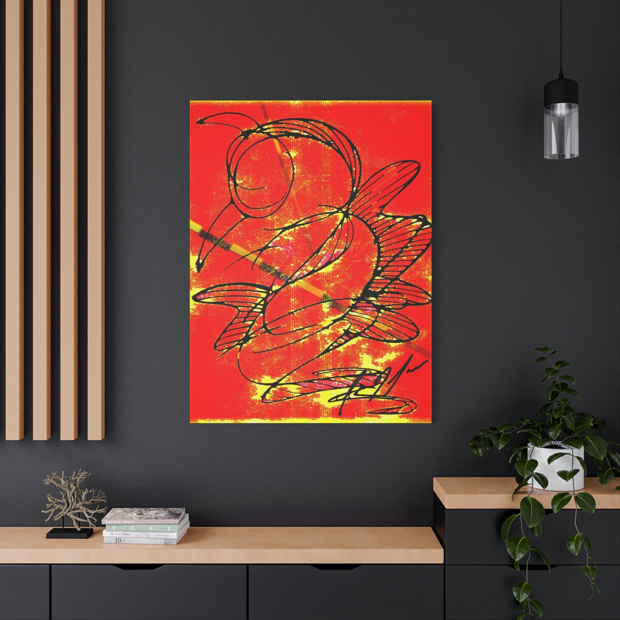 Abstract hummingbird in flight canvas print — fiery red and gold background, bold black line art, dragonfly butterfly abstract wall art
