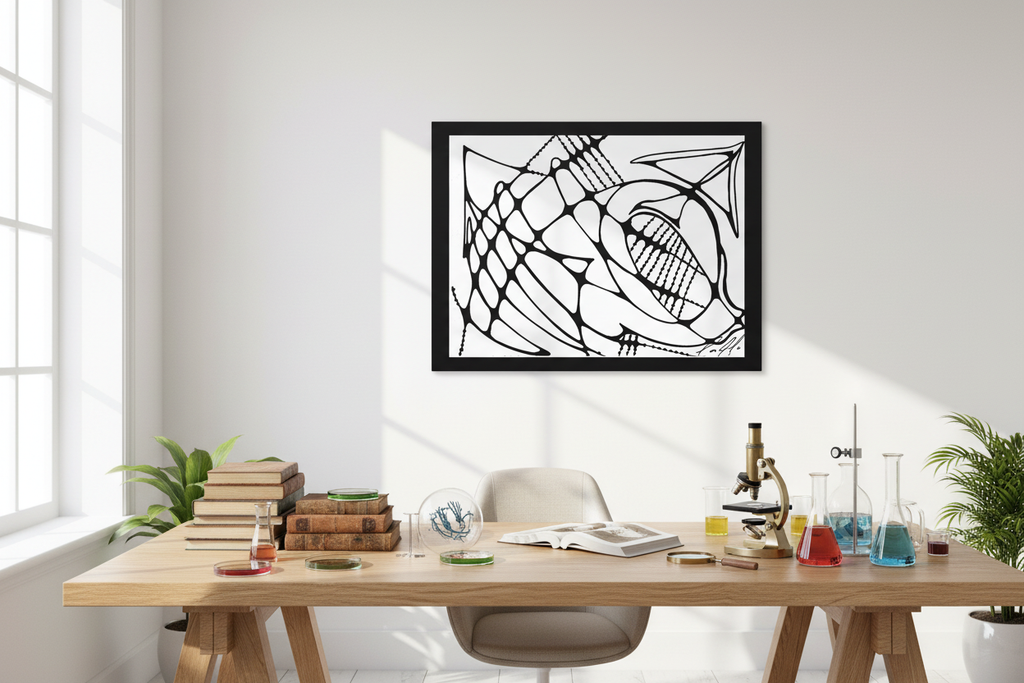 Abstract creature framed canvas print in a bright scientific workspace with white walls and natural light