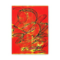 Abstract hummingbird in flight canvas print — fiery red and gold background, bold black line art, dragonfly butterfly abstract wall art