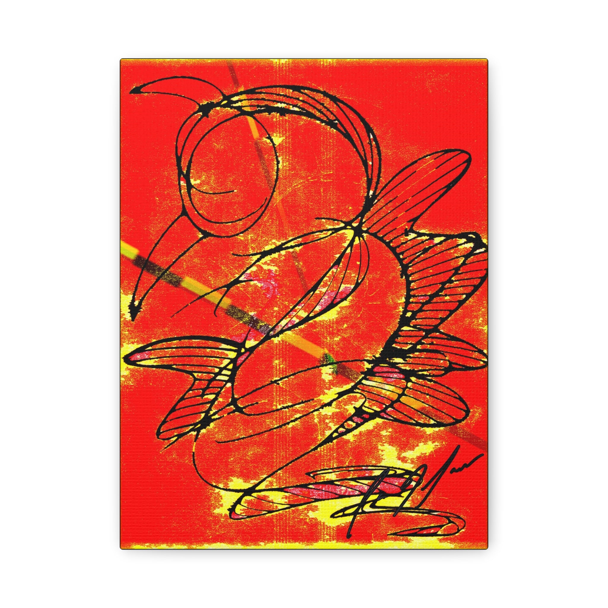 Abstract hummingbird in flight canvas print — fiery red and gold background, bold black line art, dragonfly butterfly abstract wall art