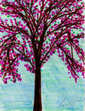 "Hand-painted pink blossom tree canvas print — sweeping dark branches with magenta and purple blooms against a soft teal and green watercolor sky, signed original wall art by C.J.S. Artworks"