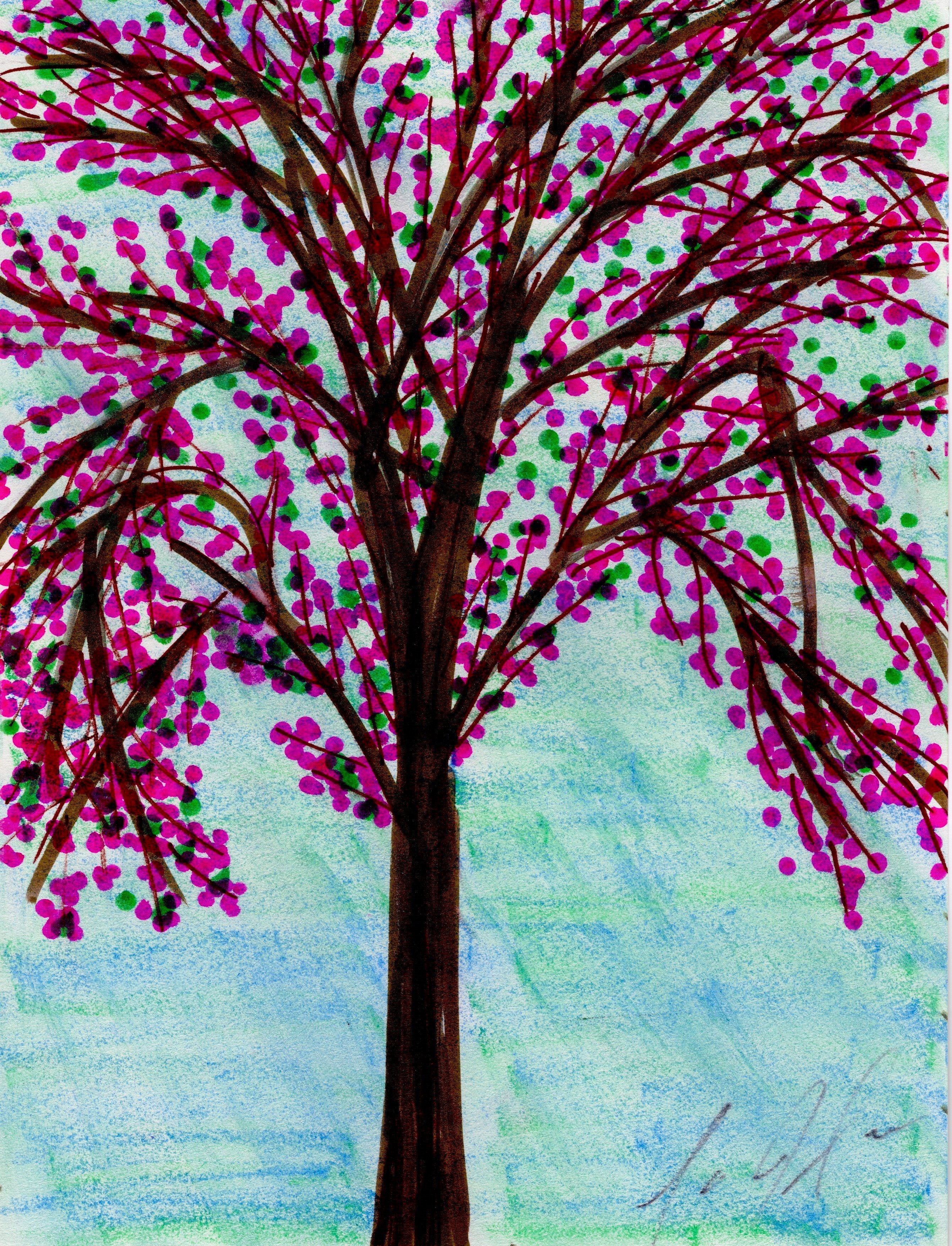 "Hand-painted pink blossom tree canvas print — sweeping dark branches with magenta and purple blooms against a soft teal and green watercolor sky, signed original wall art by C.J.S. Artworks"