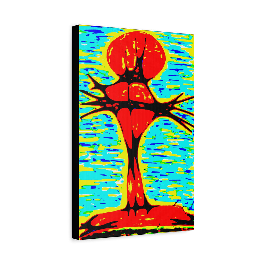 Red cross on the water - bold pop art canvas print, red cross with crown of thorns sitting on the bank, rising from the water, vibrant teal, yellow background