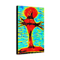 Red cross on the water - bold pop art canvas print, red cross with crown of thorns sitting on the bank, rising from the water, vibrant teal, yellow background