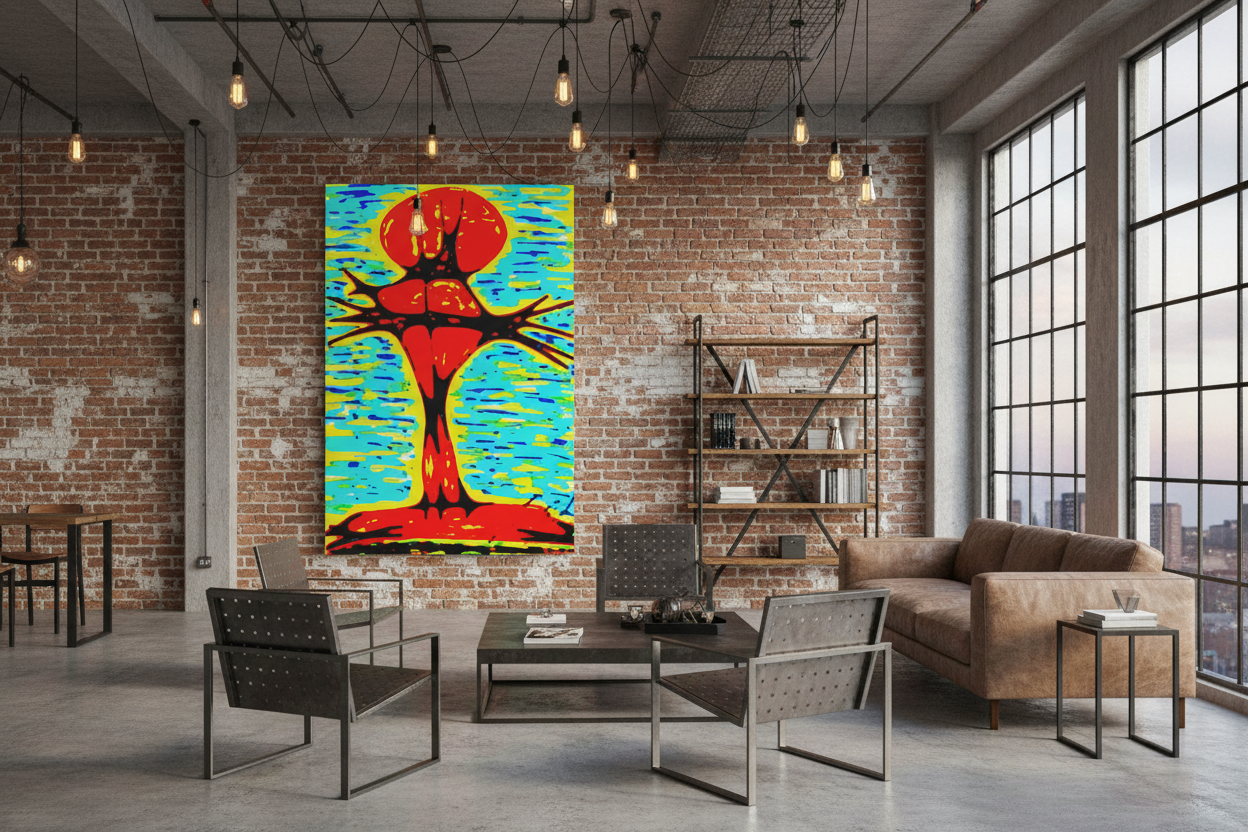 Vivid pop art canvas of a red cross rising from water, with crown of thorns and electric teal and yellow tones. Bold religious wall art, ready to hang. Industrial Loft Mockup
