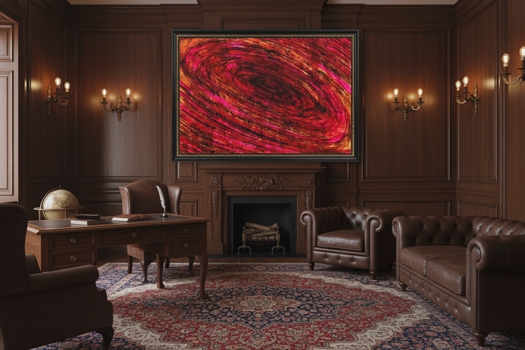 The Pull into The Still — limited edition framed canvas print, large format abstract wall art, red swirl design