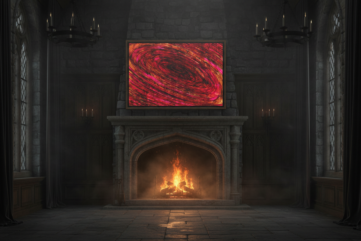 The Pull into The Still — limited edition framed canvas print, large format abstract wall art, red swirl design