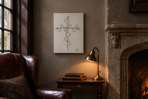 Barbed Wire Cross as a side piece in an old-world Gothic reading nook