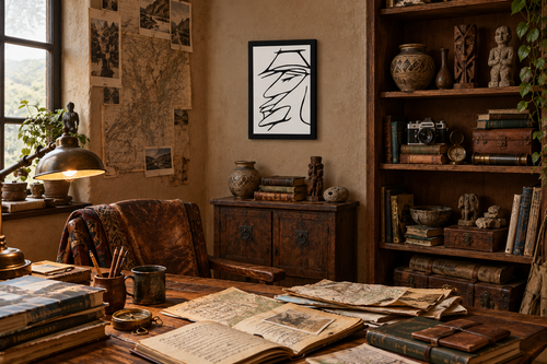 Beneath the Brim as a smaller canvas in a cluttered explorer’s study