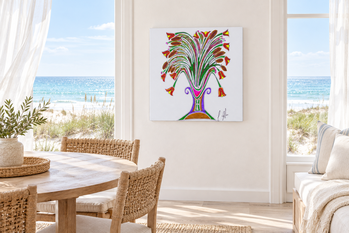 Botanical Burst in a bright beach-house room with open windows overlooking the ocean