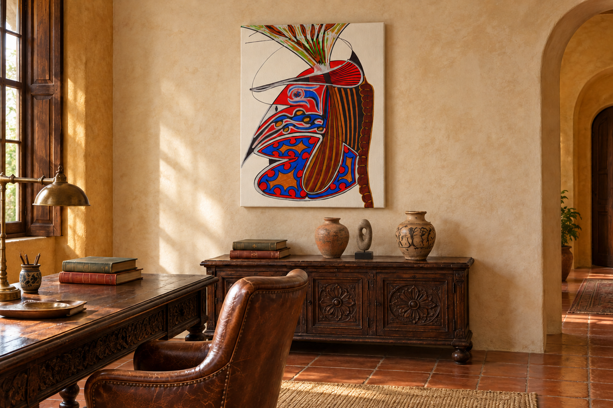Ceremonial in a colonial-inspired study with weathered pottery and a carved stone sculpture