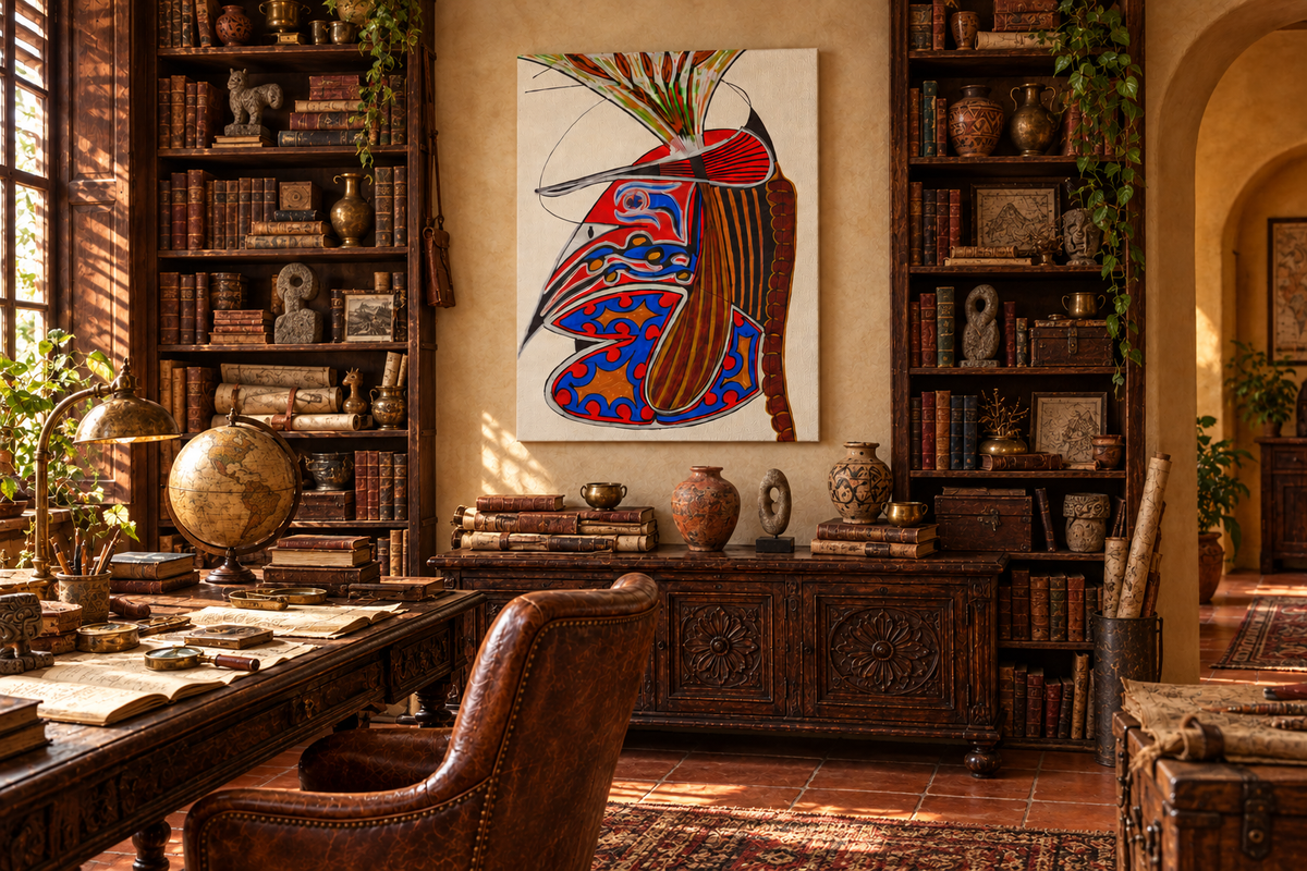Ceremonial in a richly cluttered explorer’s study with books, maps, and antique-looking objects