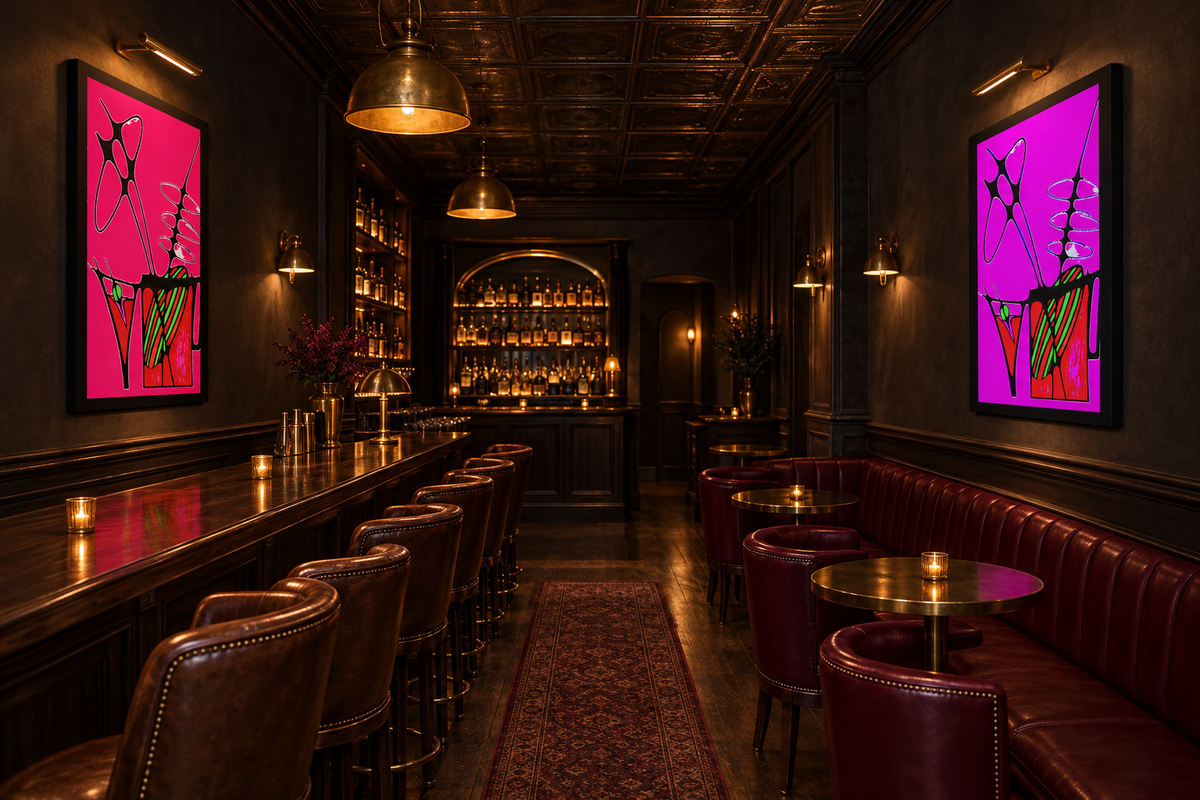 Cocktail prints on opposite walls of a moody speakeasy bar