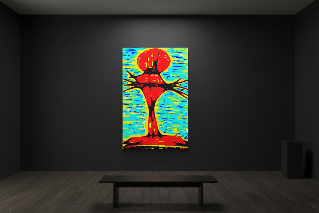 Vivid pop art canvas of a red cross rising from water, with crown of thorns and electric teal and yellow tones. Bold religious wall art, ready to hang. Dark Gallery Spotlight Mockup