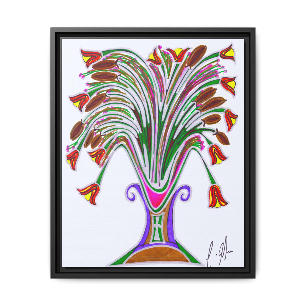 Wild Blooms in Painted Vase — Abstract Floral Framed Matte Canvas Print — Black Frame Wall Art