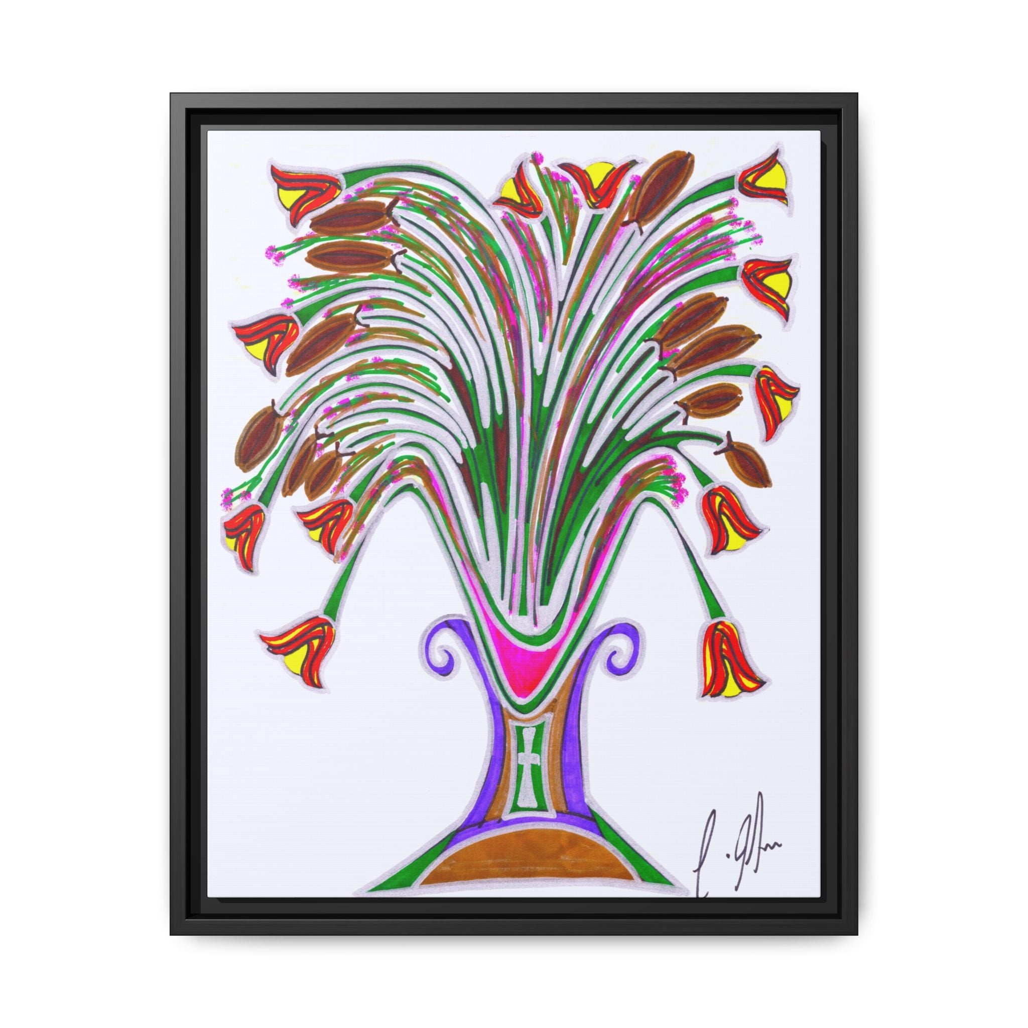 Wild Blooms in Painted Vase — Abstract Floral Framed Matte Canvas Print — Black Frame Wall Art