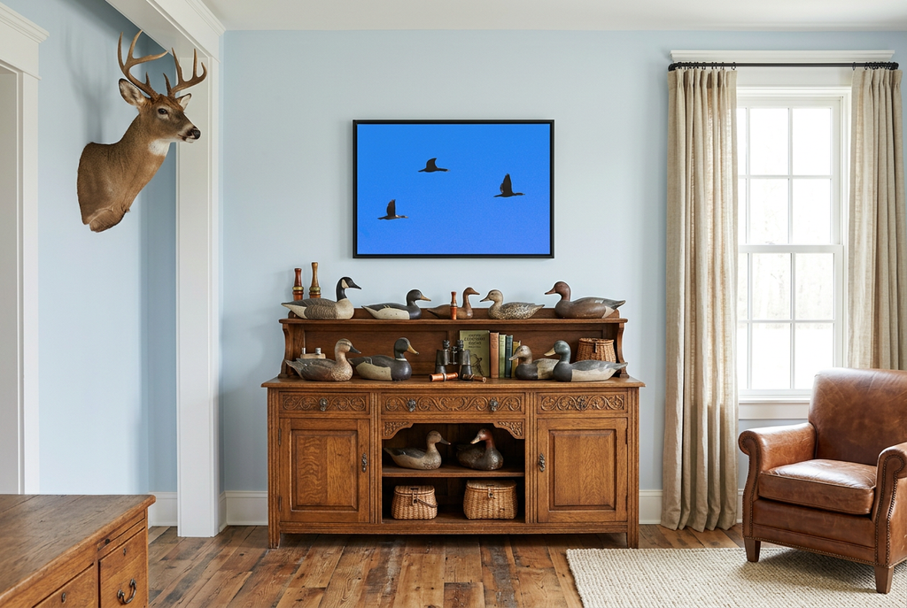 Framed Open Skies in a light airy lodge filled with vintage artifacts