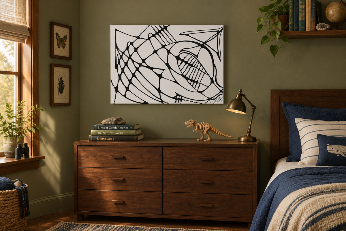 Exoskeleton black and white abstract canvas displayed in a boys bedroom