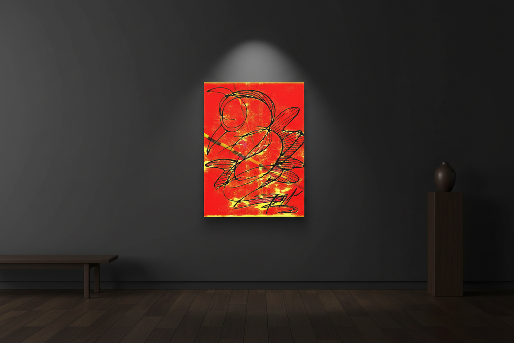 Abstract hummingbird canvas print displayed in a dark gallery room with charcoal walls and warm spotlight lighting
