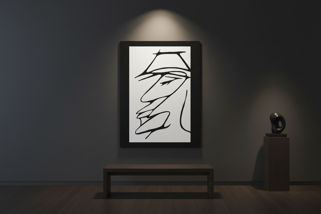 Abstract warrior face framed canvas print in a dark gallery room with charcoal walls and warm spotlight lighting