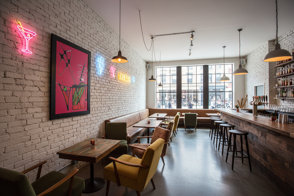 Abstract cocktails framed canvas print in a trendy SoHo dive bar with white exposed brick and city street view