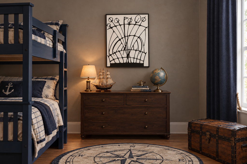 Pirate Ship abstract black and white canvas on a solid wall above a walnut dresser in a nautical boys bedroom