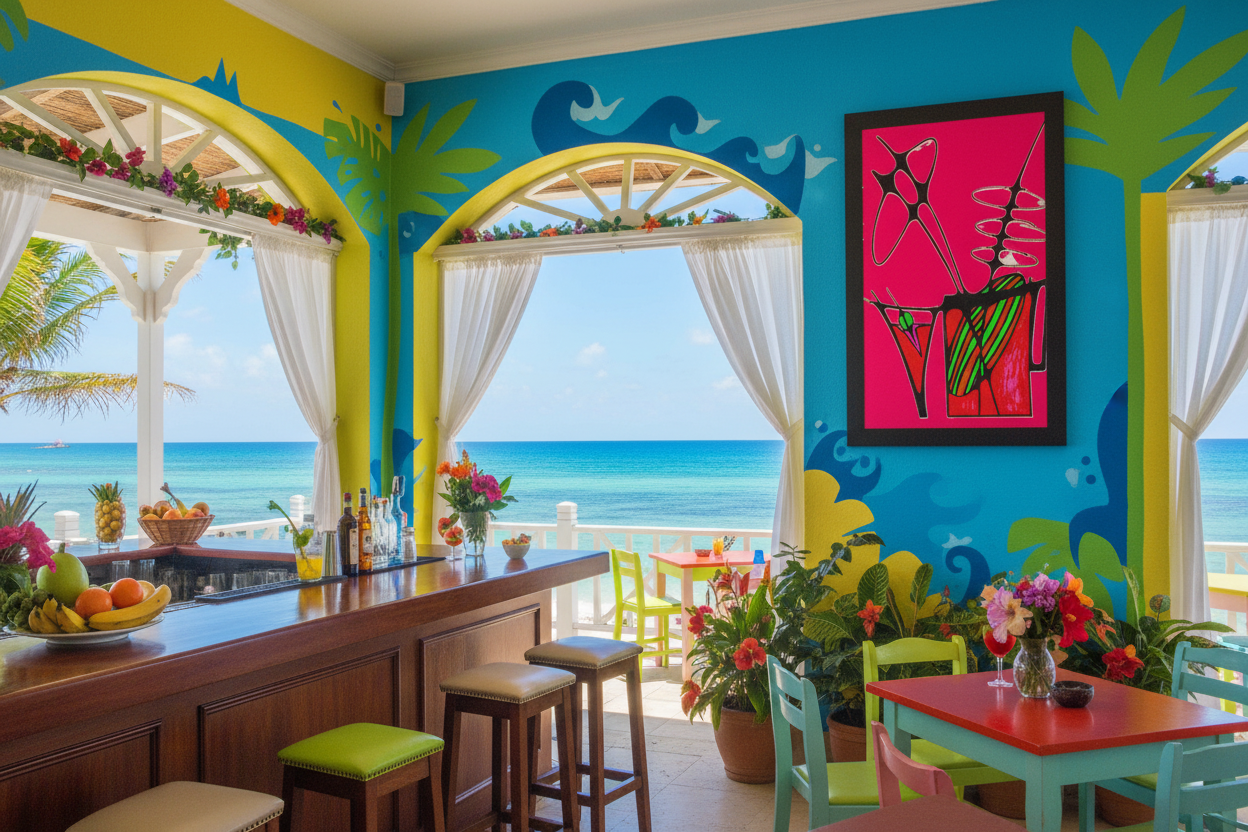 Abstract cocktails framed canvas print in a colorful Caribbean beach bar with turquoise water view