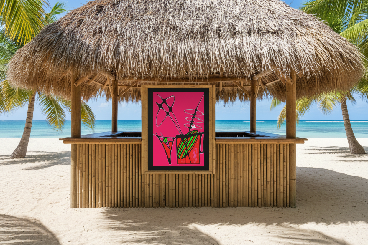 Abstract cocktails framed canvas print displayed in an open-air tiki bar on a tropical beach with bamboo walls and palm trees