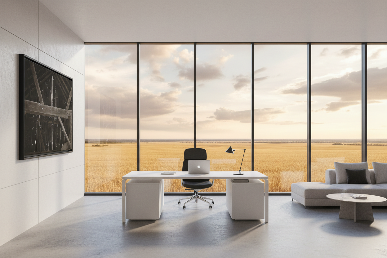 Rustic barn interior stretched canvas print in a modern high-rise executive office with floor-to-ceiling windows overlooking golden wheat fields