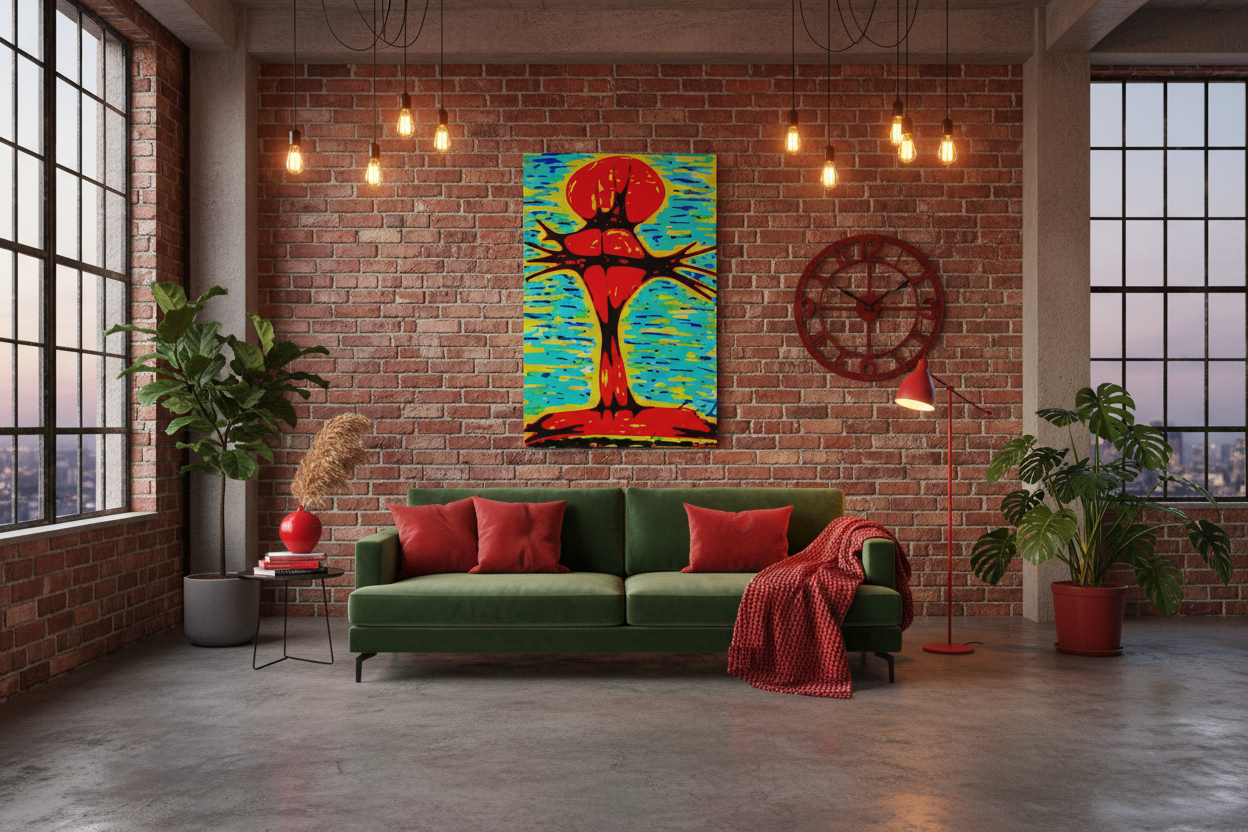 Vivid pop art canvas of a red cross rising from water, with crown of thorns and electric teal and yellow tones. Bold religious wall art, ready to hang. Loft Scene with Greens and Reds