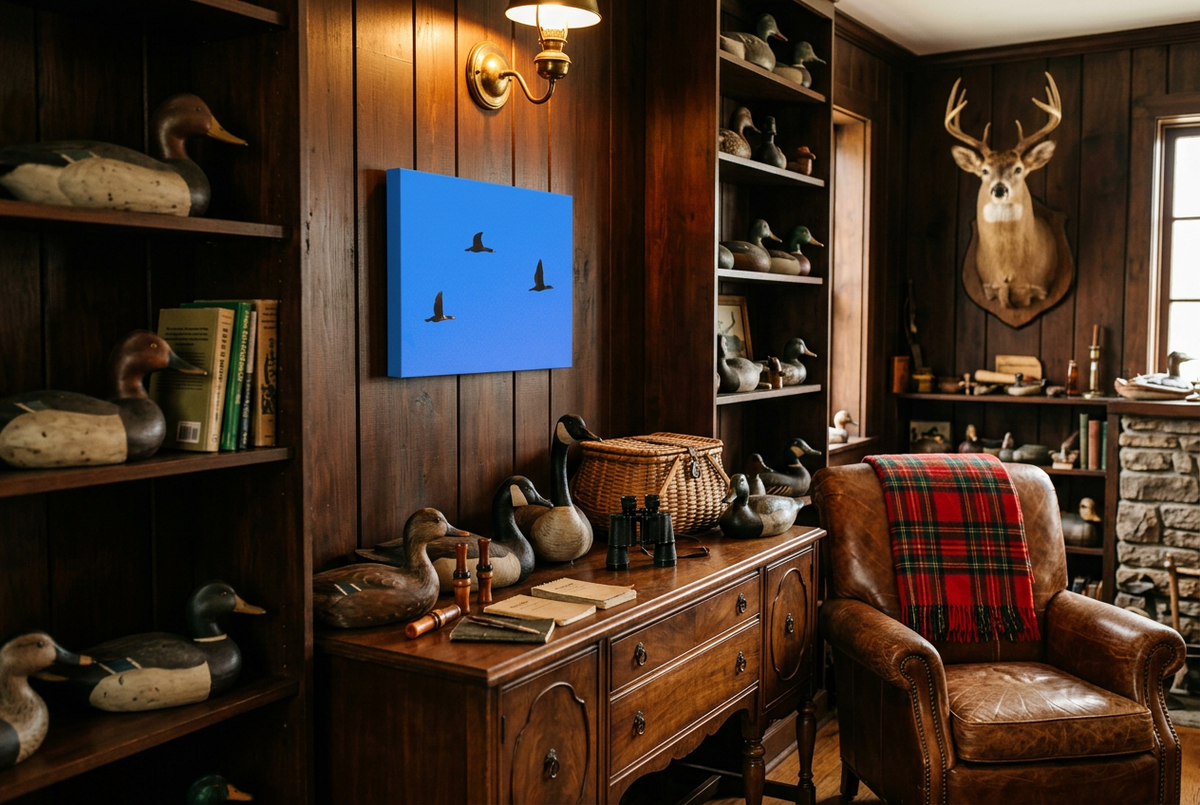 Open Skies in a collected hunting lodge with waterfowl artifacts and a deer mount