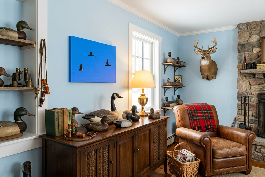 Open Skies in a light-blue hunting lodge with white trim