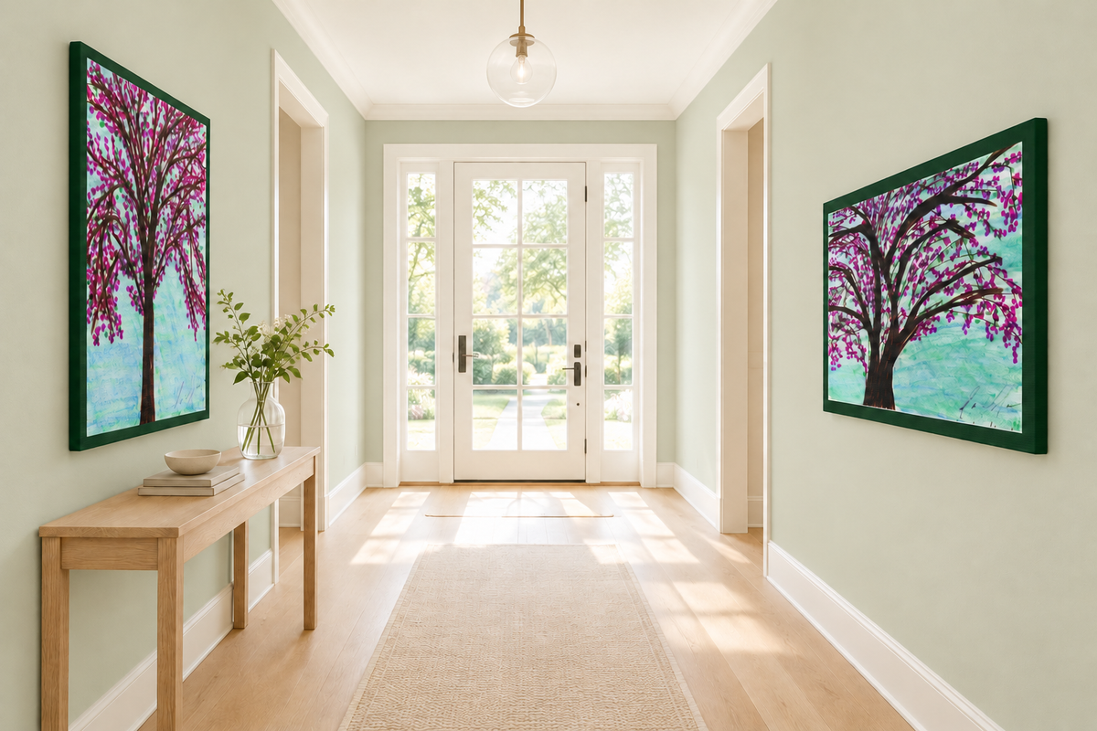 Pink Blossom and Blossom Tree in an airy foyer with pale sage-green walls