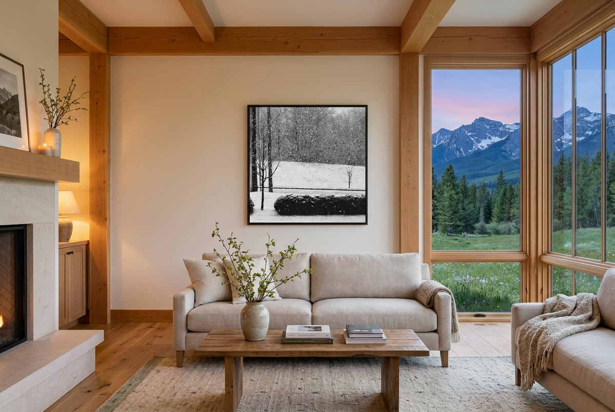 Rocky Mountain spring lodge mockup at dusk