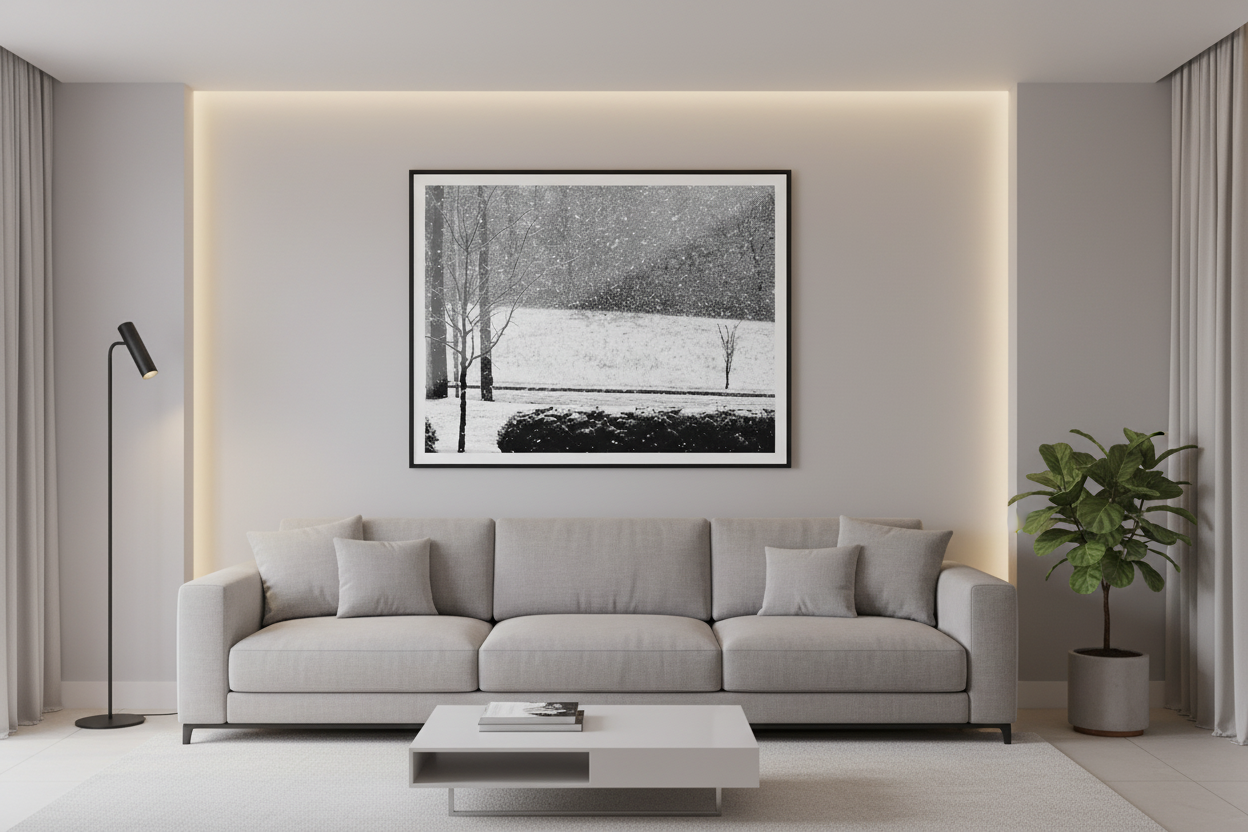 Snowing In The Park Living Room Mockup